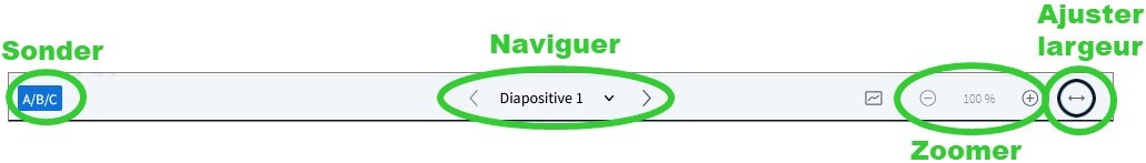 de gauche à droite : sonder les étudiants, naviguer page par page, zoomer dans le document, ajuster la fenêtre à sa largeur.
