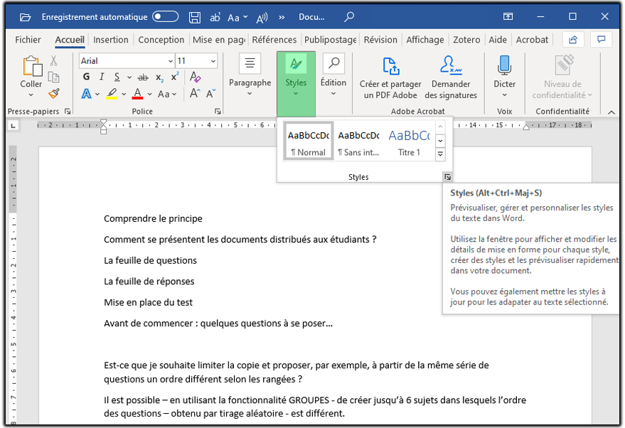 Sélection du menu Styles dans Word