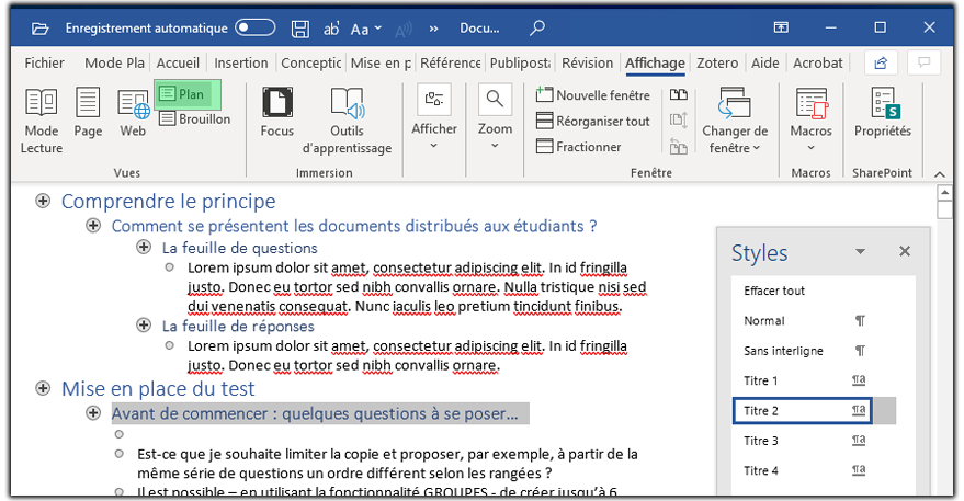 Le mode plan de Word