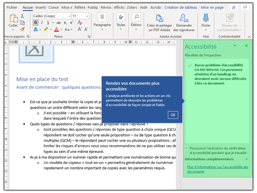 Vérification de l'accessibilité.